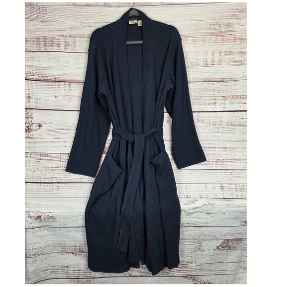 L.L. BEAN Men's Thermal Waffle Knit Robe M Navy Blue Cotton Blend Lounge Comfort - Picture 2 of 9